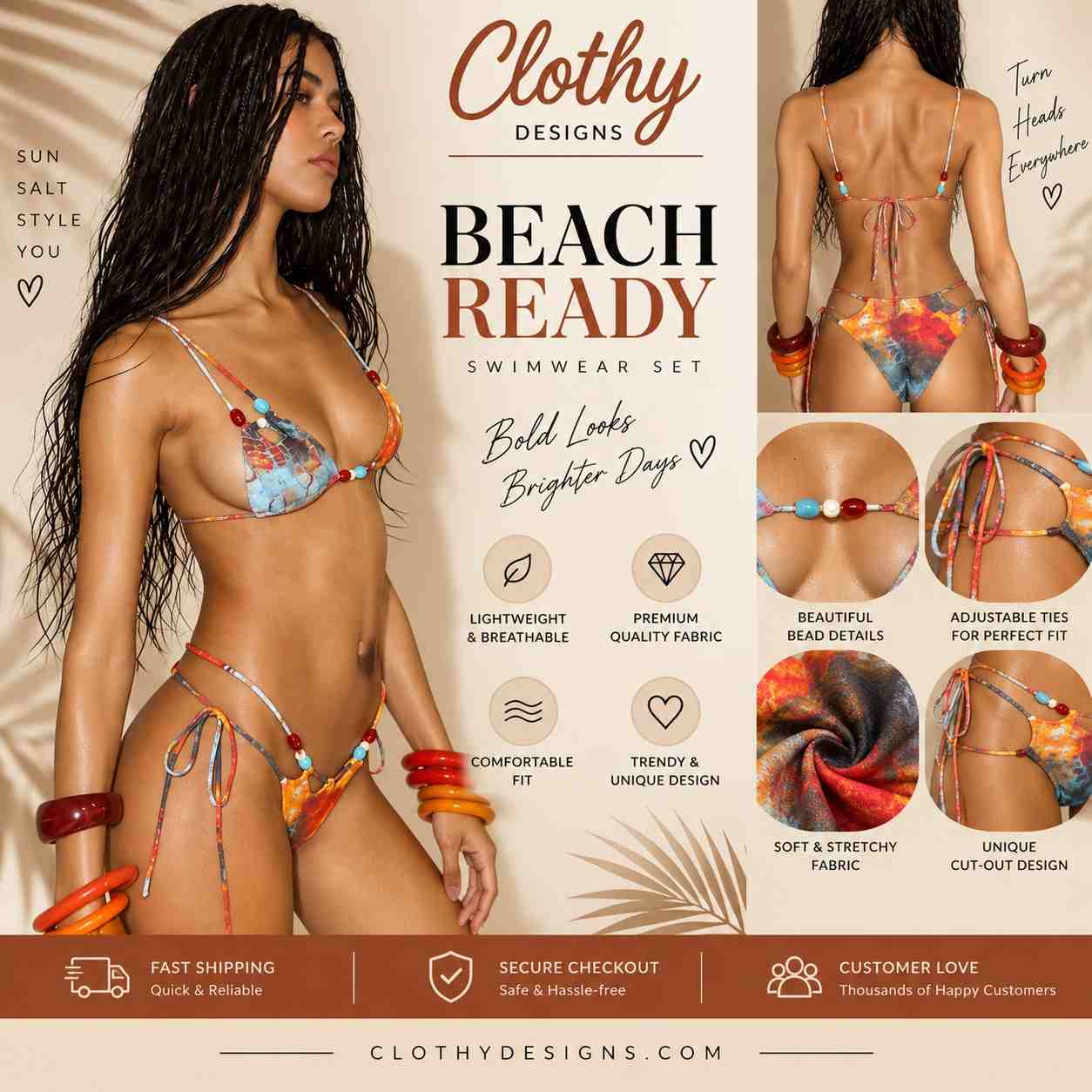 Women's 3-Piece Bikini Beachwear Set – Lace-Up Bikini, Embellished Skirt & Summer Co-Ord Outfit